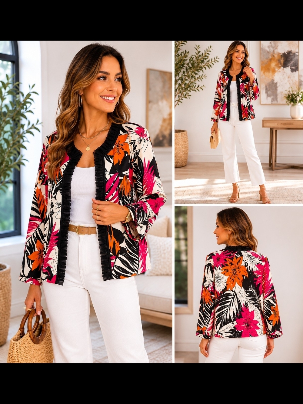 Tropical Floral Open-Front Blazer Jacket in Black, Pink & Orange - Picture 3 of 9
